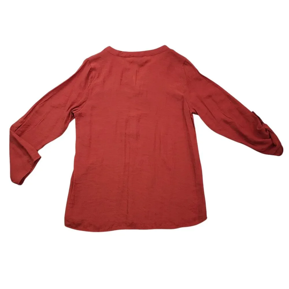 BYdesign Tunic Top Womens Large Orange Crochet Tab Sleeve Button Front Boho - Picture 8 of 13